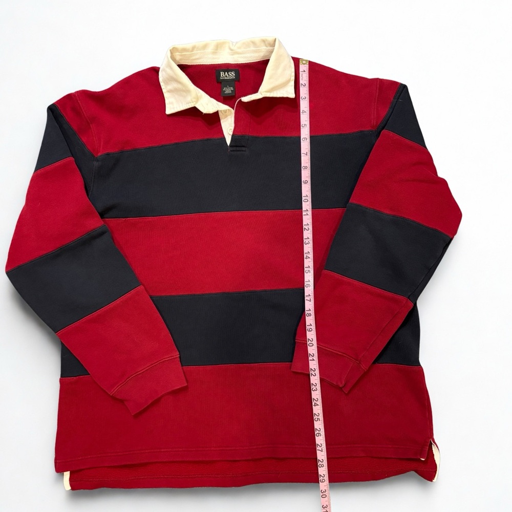 Bass Authentic Men's Red and Navy Striped Rugby Shirt size Large